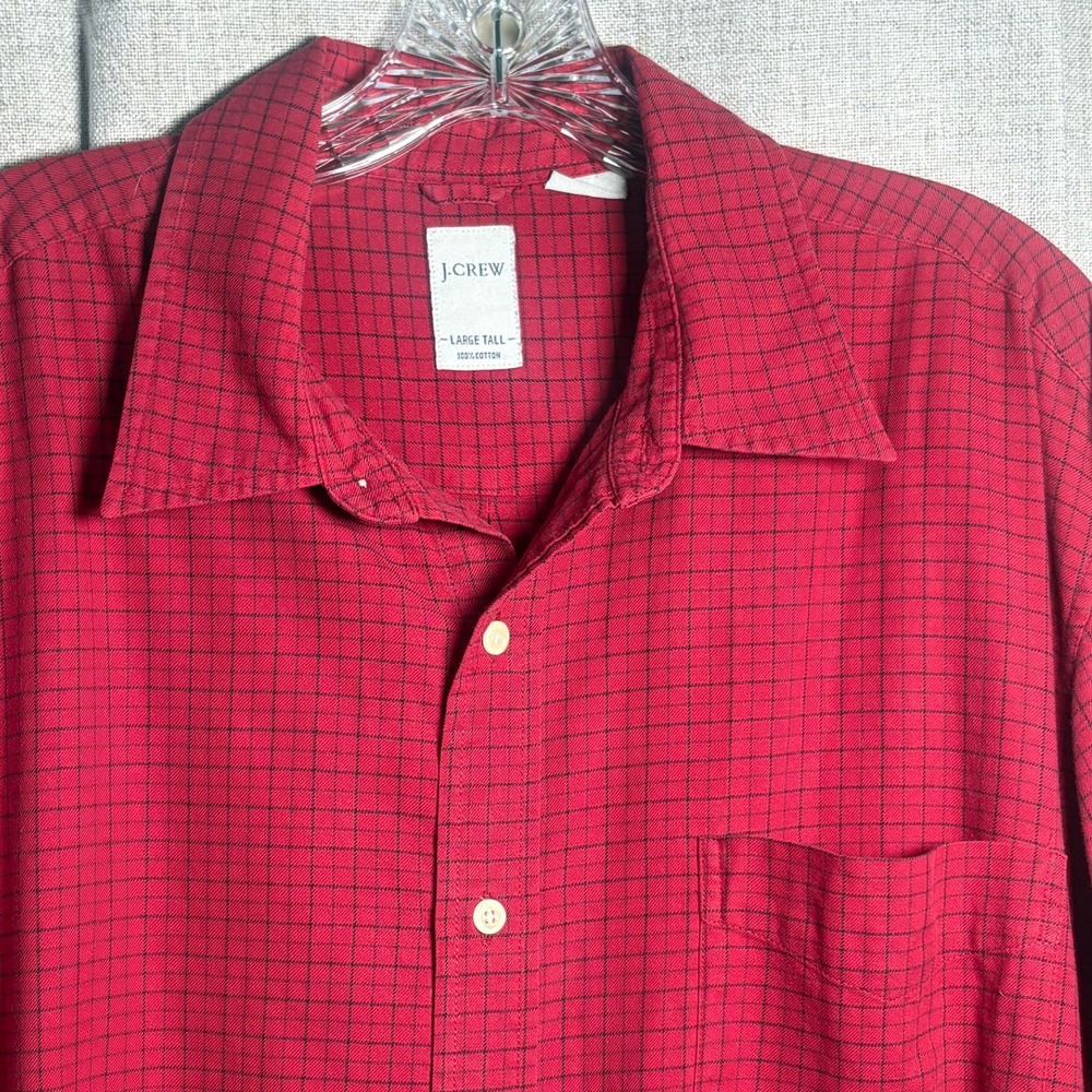 J.Crew Mens Large Tall Red Black Grid Check Cotton Button Down Long Sleeve Shirt - Picture 1 of 6